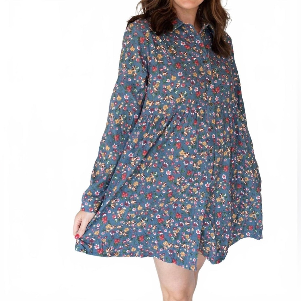 UMGEE With The Wildflowers Corduroy Button Down Long Sleeve Dress Top | Small